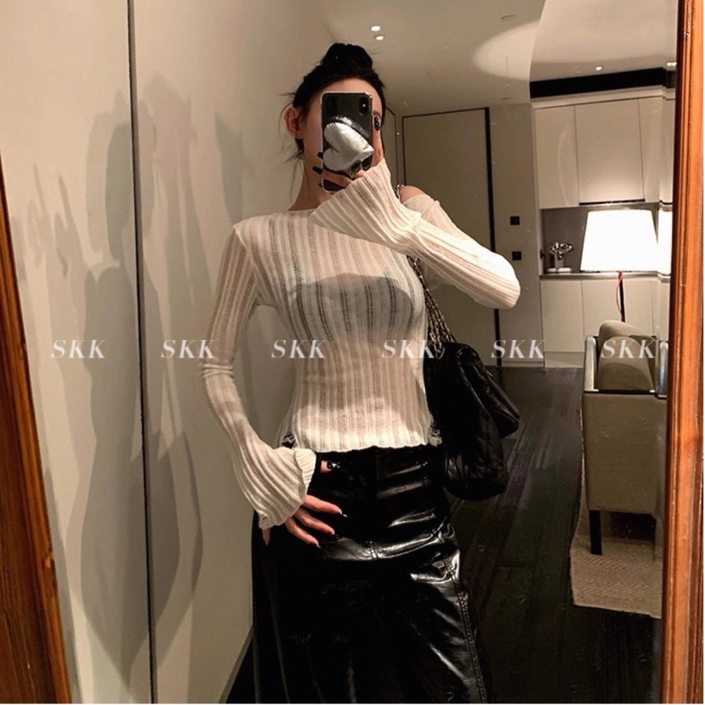Ribbed Sheer Long-Sleeve Top - White